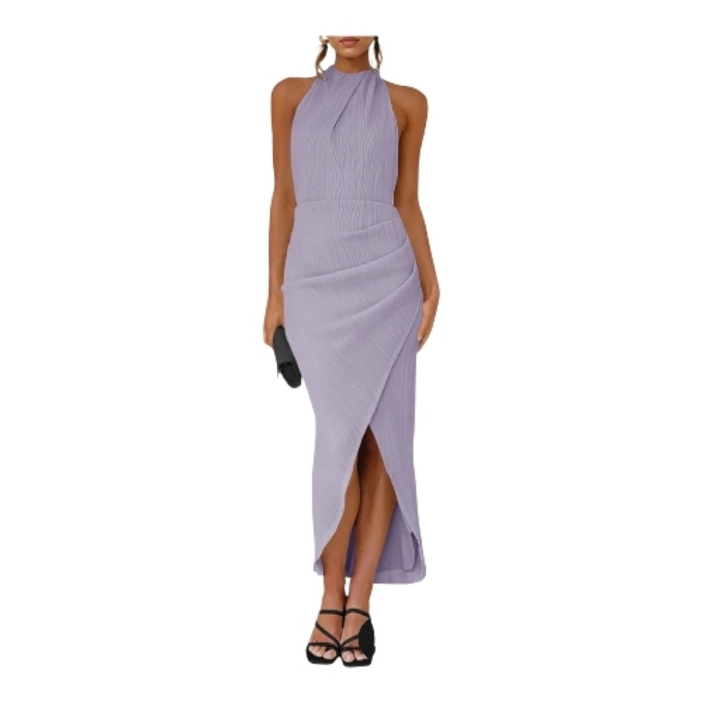 Fisoew. Elegant Lavender Ribbed Halter Dress. Size Large. NWOT.